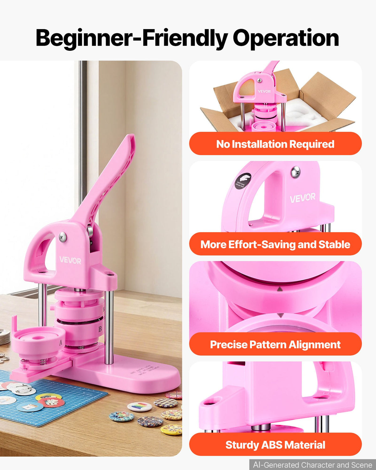 VEVOR Button Maker, 1/1.25/2.28 inch(25/32/58mm) 3-IN-1 Pin Maker, 300pcs Button Parts, Button Maker Machine with Panda Magic Book, Ergonomic Arc Handle Punch Press Kit, For Children DIY Gifts, Pink