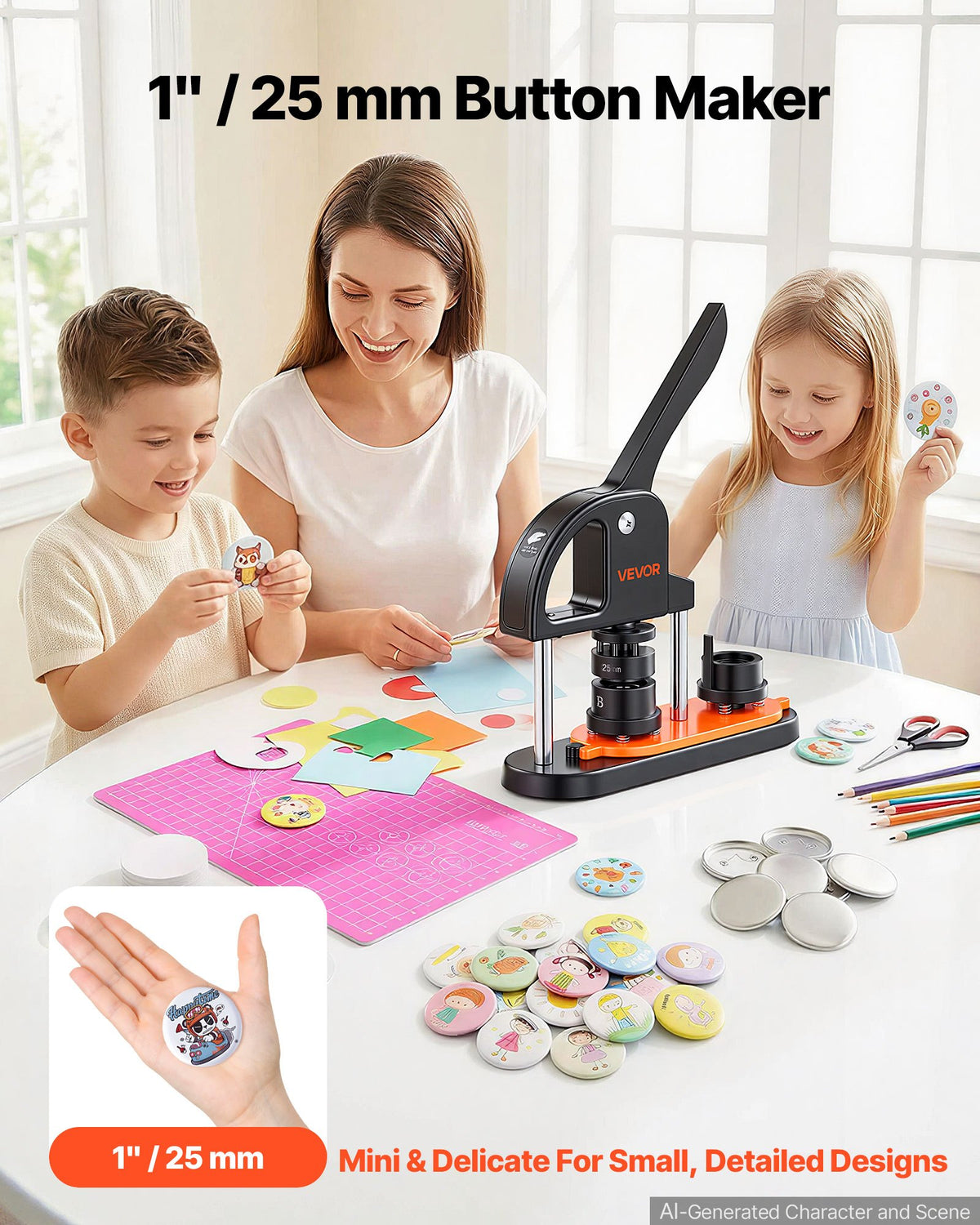 VEVOR Button Maker Machine, 0.98 inch/25mm Pin Maker, Installation-Free Badge Punch Press Kit, Children DIY Gifts Button Making Supplies with 500pcs Button Parts, Circle Cutter, Magic Book
