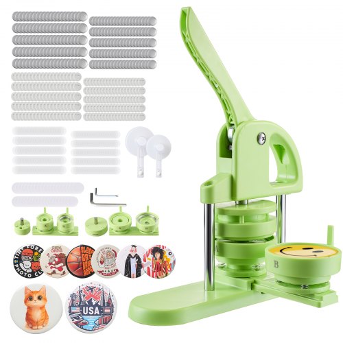 VEVOR Button Maker Machine, 32 mm / 58 mm 2-in-1, Plastic Pin Maker with 200 pcs Button Parts, Circle Cutter and Magic Book, Reinforced Ergonomic Handle, for DIY Badges, Personalized Pins, Green