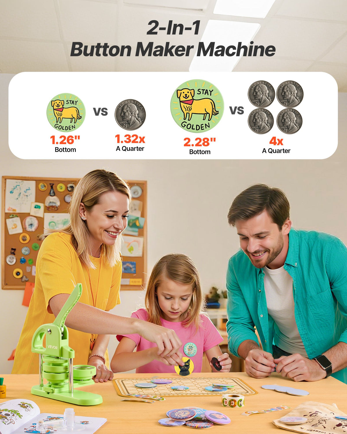 VEVOR Button Maker Machine, 32 mm / 58 mm 2-in-1, Plastic Pin Maker with 200 pcs Button Parts, Circle Cutter and Magic Book, Reinforced Ergonomic Handle, for DIY Badges, Personalized Pins, Green