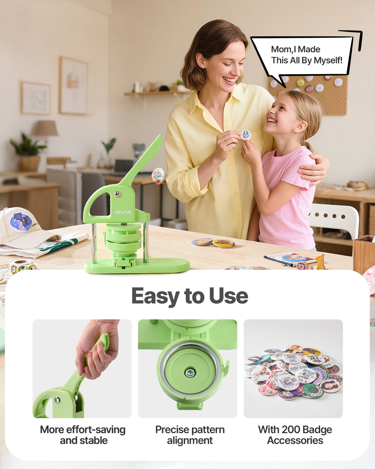 VEVOR Button Maker Machine, 32 mm / 58 mm 2-in-1, Plastic Pin Maker with 200 pcs Button Parts, Circle Cutter and Magic Book, Reinforced Ergonomic Handle, for DIY Badges, Personalized Pins, Green
