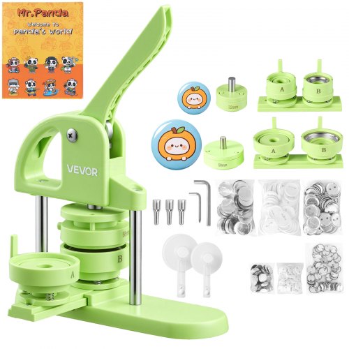 VEVOR Button Maker Machine 1.25"/2.25"(32/58 mm) Plastic Pin Maker Green, with 200pcs Button Parts, Circle Cutter and Magic Book, Ergonomic Handle, for DIY Badges, Pins, Fridge Magnets and Key Chains