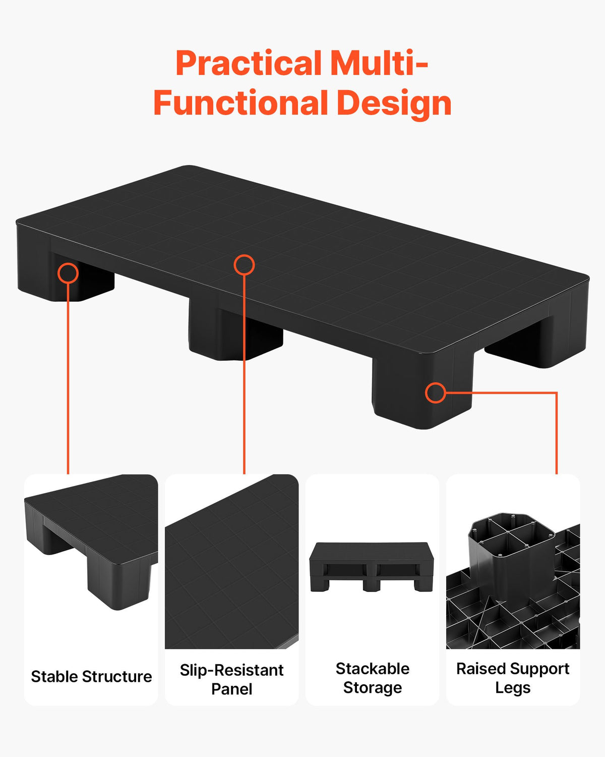 VEVOR Plastic Pallet, 1 Pc Plastic Pallet for Basement Storage, Lightweight Waterproof Floor Storage Pad for Indoor Outdoor Supermarket Warehouse, Support up to 1000 kg, 1000 x 500 x 136 mm, Black