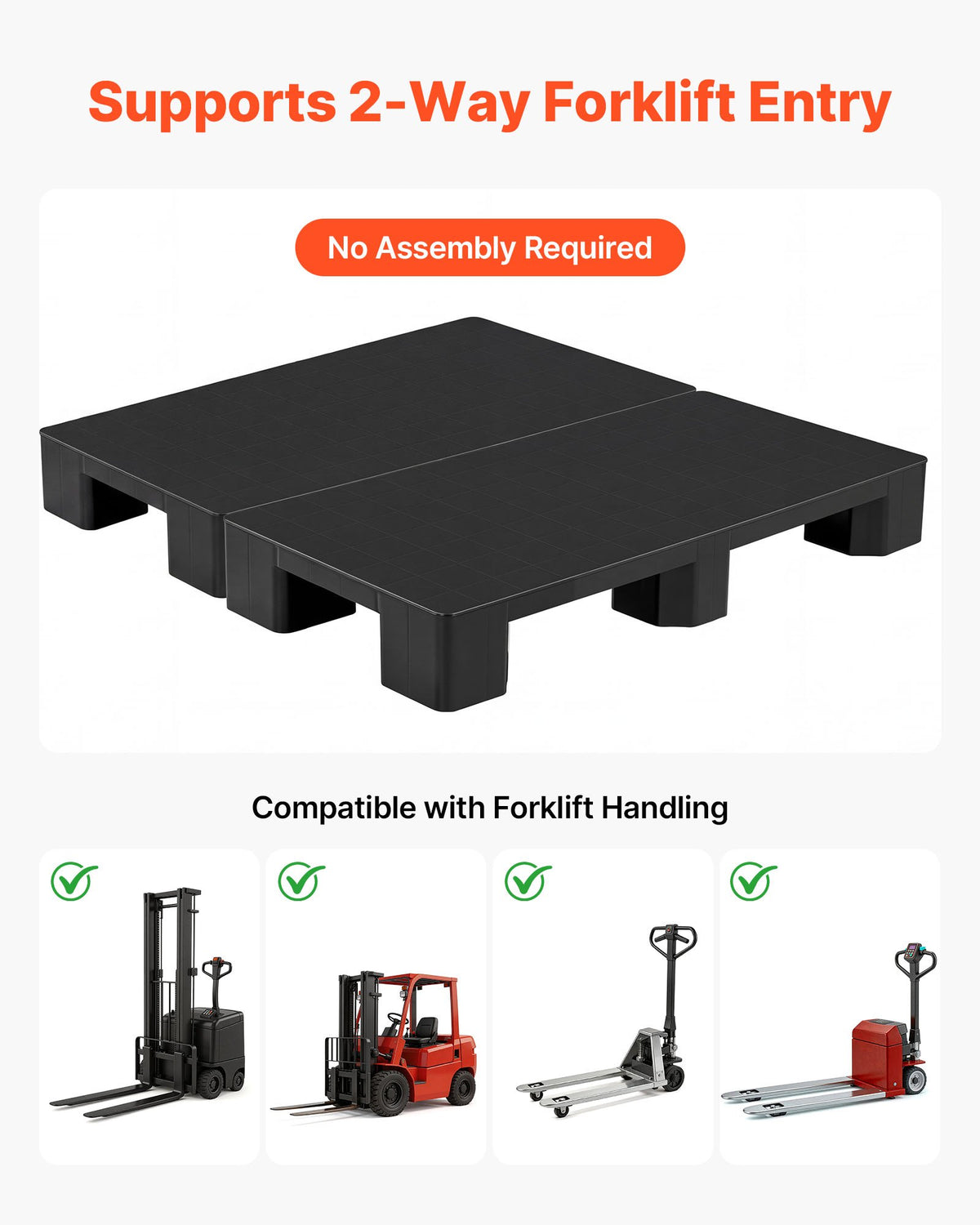 VEVOR Plastic Pallets, 2 Pcs Plastic Pallets for Basement Storage, Lightweight Waterproof Floor Storage Pad for Indoor Outdoor Supermarket Warehouse, Support up to 1000 kg, 1000 x 500 x 136 mm, Black