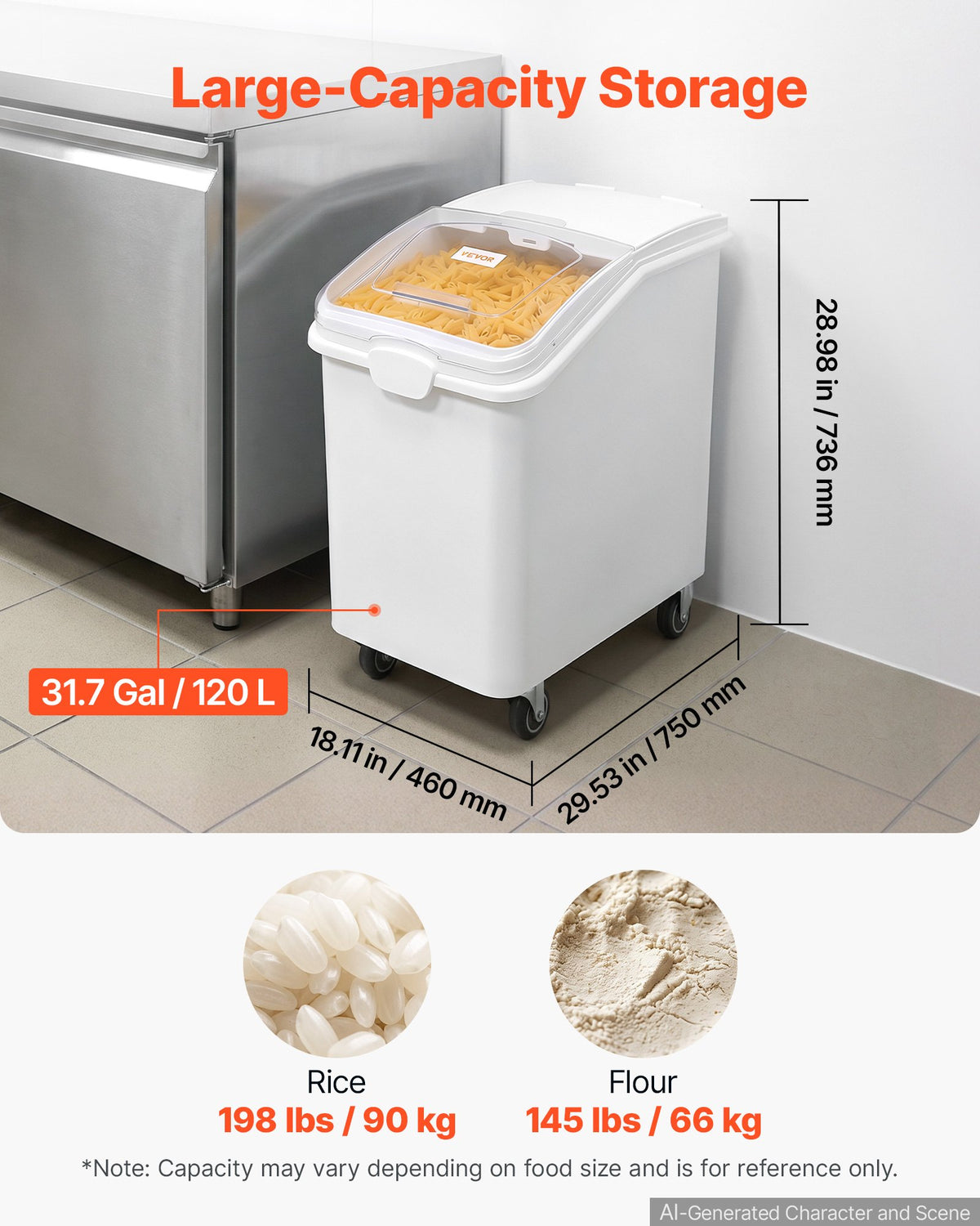 VEVOR Rice Storage Container 120 L/31.7 Gal 90 kg Dog Food Dispenser Bin, for Kitchen Pantry Organization, Large Ingredient Grain Cereal Flour Bin, Pet Food Container with Wheels, Scoop, Slide Lid
