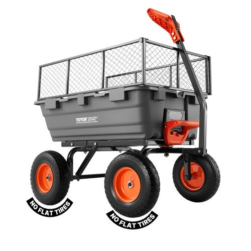 VEVOR Garden Dump Cart, 544 kg Poly Dump Cart, Garden Carts Dumps Wagon with Storage Fence, 2-in-1 Convertible Handle, 90° Quick-Dumps Mechanism, 180° Swivel Wheels, Yard Wagon for Plants, Soil