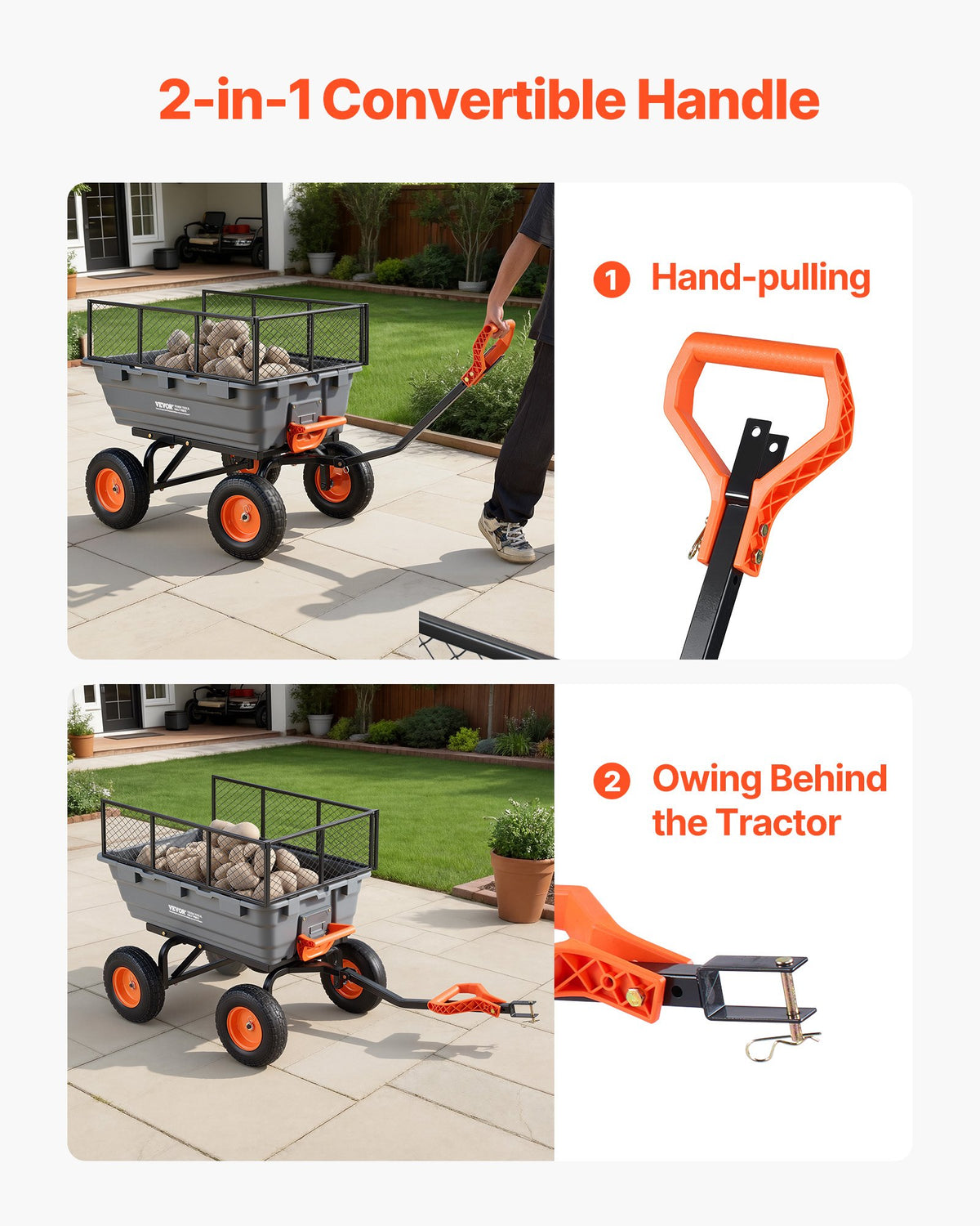 VEVOR Garden Dump Cart, 544 kg Poly Dump Cart, Garden Carts Dumps Wagon with Storage Fence, 2-in-1 Convertible Handle, 90° Quick-Dumps Mechanism, 180° Swivel Wheels, Yard Wagon for Plants, Soil