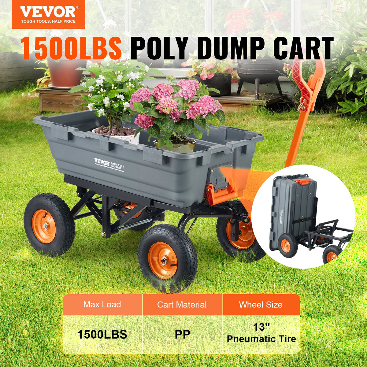 VEVOR Poly Garden Dump Cart Heavy-duty Yard Carts and Wagons 1500 lbs/680.4 kg 13"/33 cm Tires