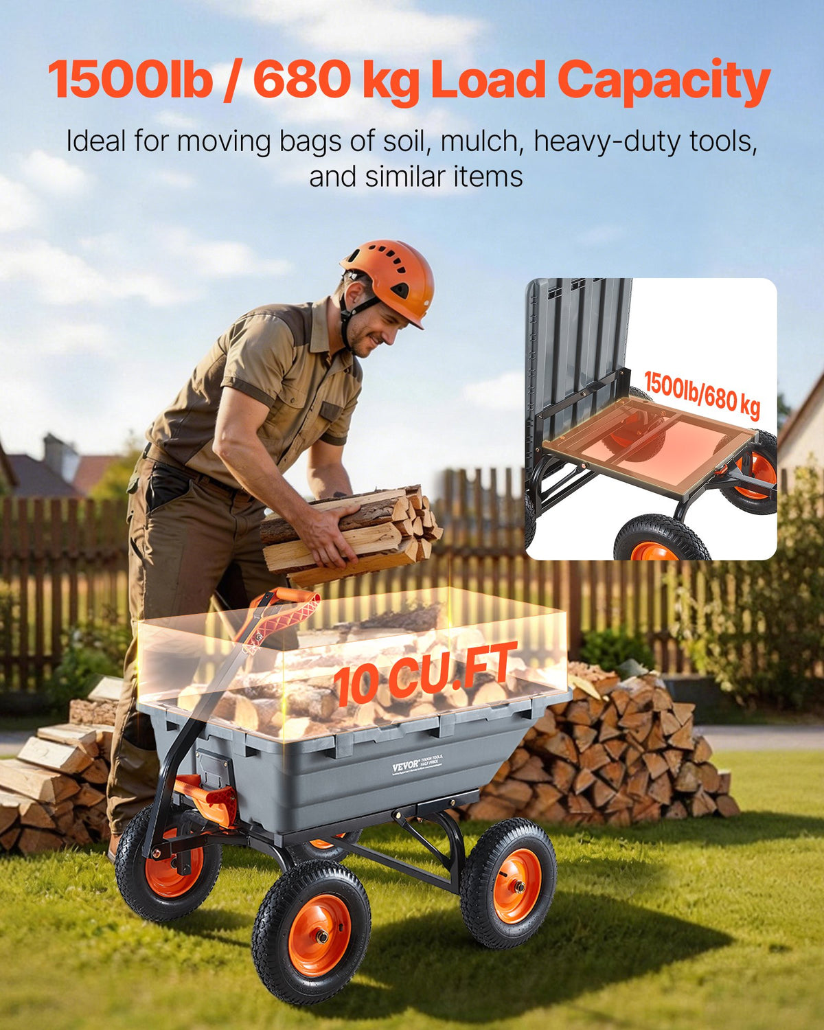 VEVOR Garden Dump Cart, 680kg Poly Dump Cart, Garden Carts Dumps Wagon with 90° Quick-Dumps Mechanism, Adjustable Handle, 270° Flexible Rotating Bearings, Yard Wagon for Plants, Soil, Crops