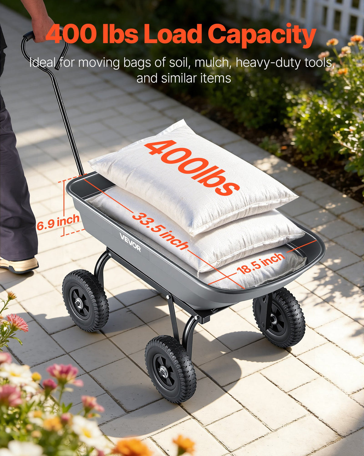 VEVOR Garden Dump Cart, 181 kg Poly Dump Cart, Garden Carts Dumps Wagon with 90° Quick-Dumps Mechanism, 180° Swivel Wheels, 270° Flexible Rotating Bearings, Yard Wagon for Plants, Soil, Crops