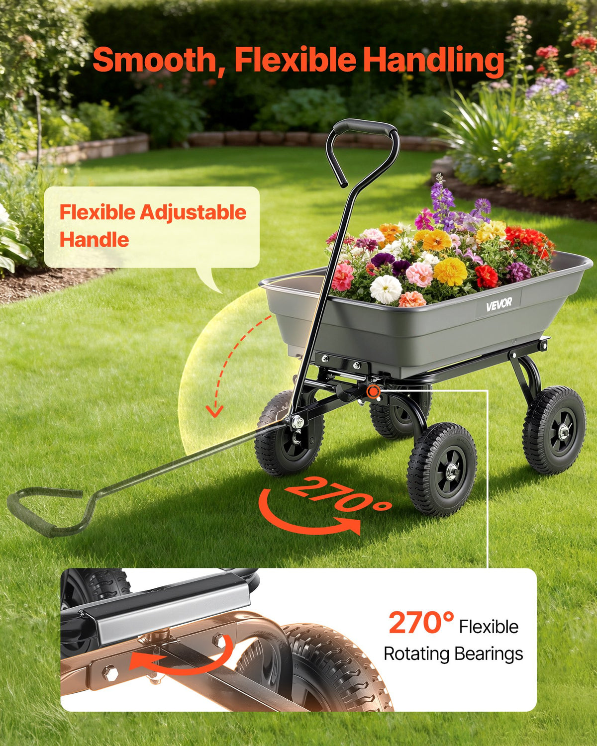 VEVOR Garden Dump Cart, 181 kg Poly Dump Cart, Garden Carts Dumps Wagon with 90° Quick-Dumps Mechanism, 180° Swivel Wheels, 270° Flexible Rotating Bearings, Yard Wagon for Plants, Soil, Crops