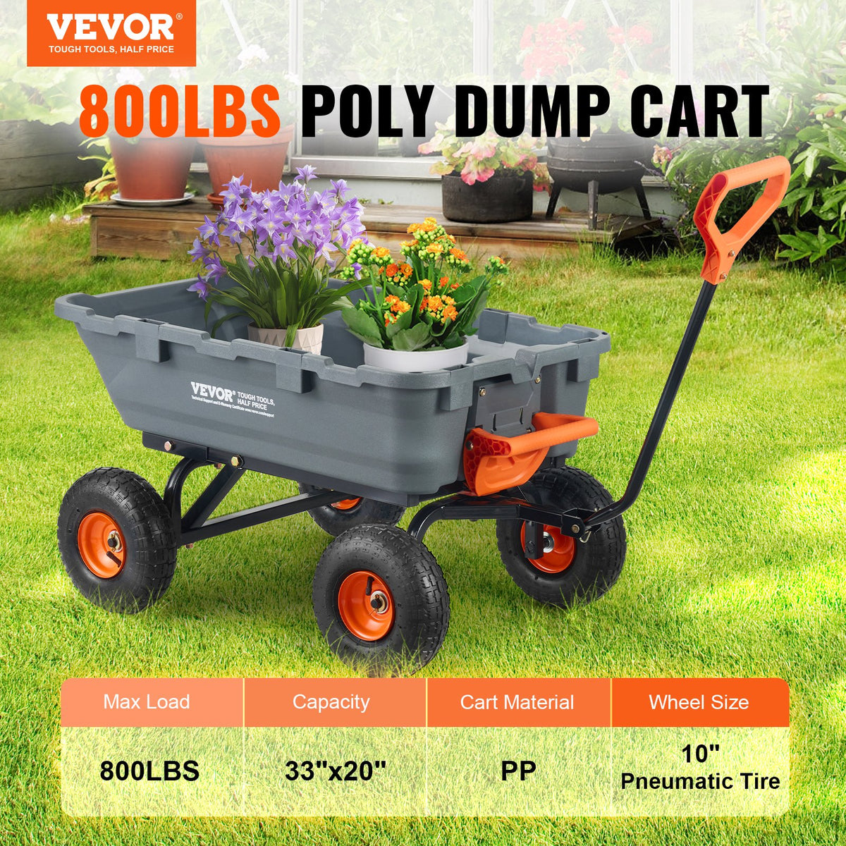 VEVOR Poly Garden Dump Cart Heavy-duty Yard Carts and Wagons 800 lbs/363.6 kg 10"/25.4 cm Tires