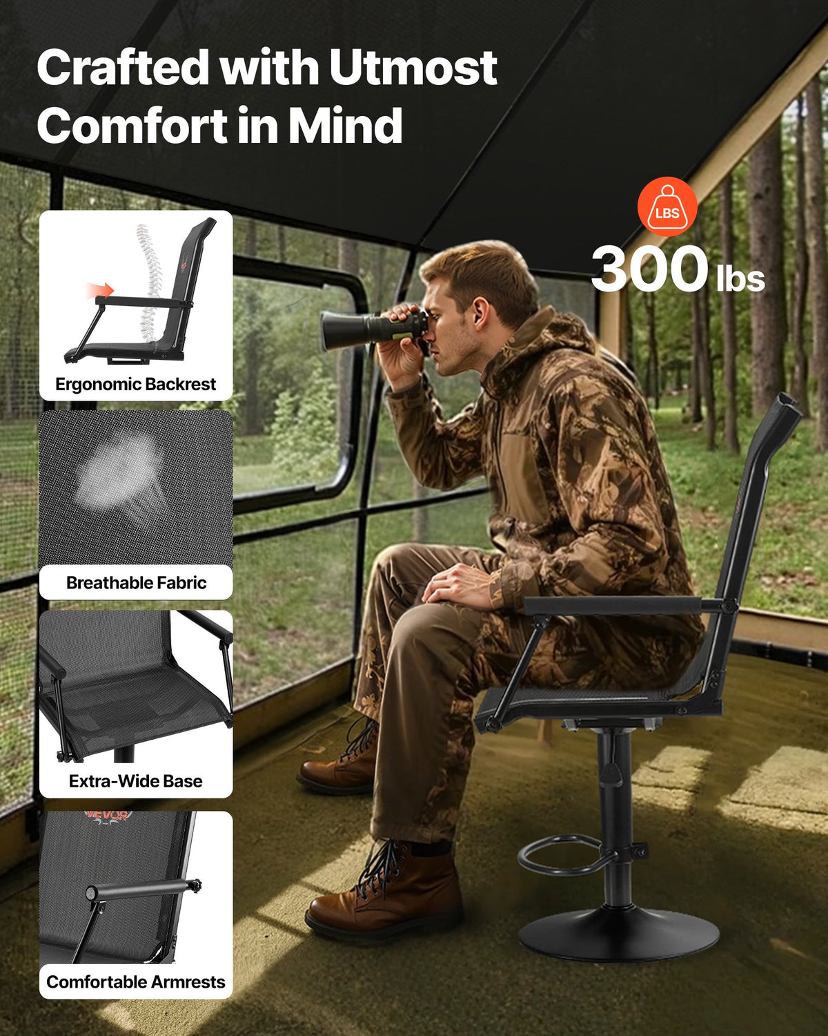 VEVOR Hunting Chair, 360° Silent Swivel, Lightweight Blind Chair, Heavy-Duty Steel Frame Ground Stool Seat, with Padded Armrests, Height Adjustable, 136 Kg Capacity, for Outdoor Fishing, Camping