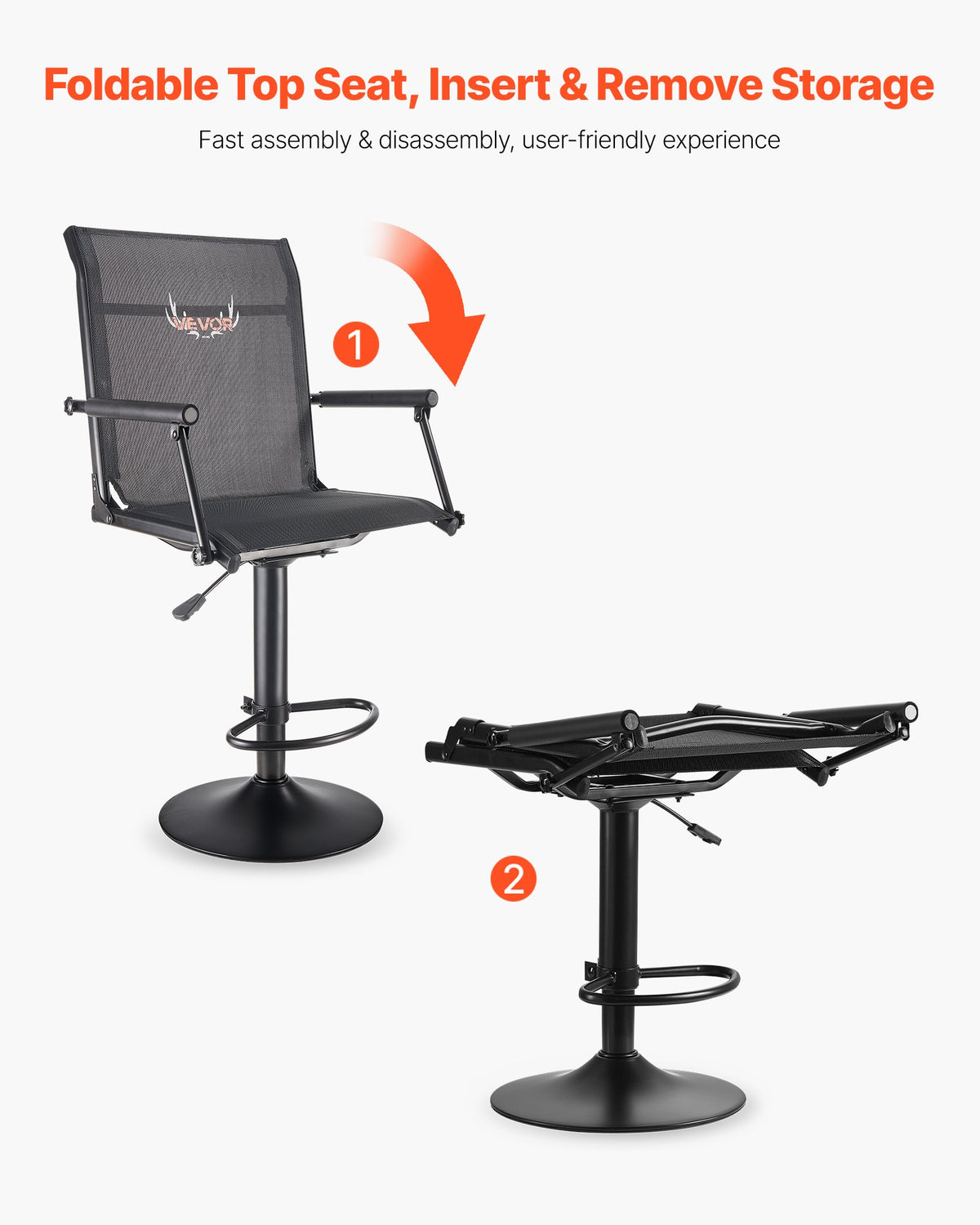 VEVOR Hunting Chair, 360° Silent Swivel, Lightweight Blind Chair, Heavy-Duty Steel Frame Ground Stool Seat, with Padded Armrests, Height Adjustable, 136 Kg Capacity, for Outdoor Fishing, Camping