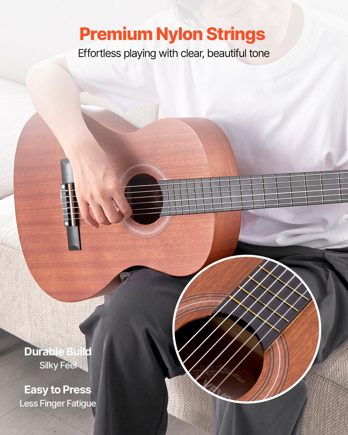 VEVOR Classical Guitar, 900 mm, Wood Classical Guitar Starter Kit for Beginners, with Nylon Strings, Gig Bag, Strap, Tuner, Extra Strings, Picks, Capo, Sapele & Rosewood, for Kids Girls Boys, Natural