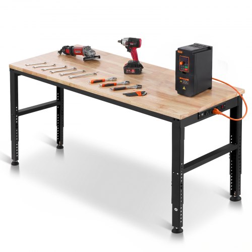 VEVOR Adjustable Workbench, 907 kg Capacity, 155 x 51 cm Heavy Duty Work Bench with 68.8-91.4 cm Height Adjustment, Garage Workbench with Power Outlets, Suitable for Office, Garage, Workshop