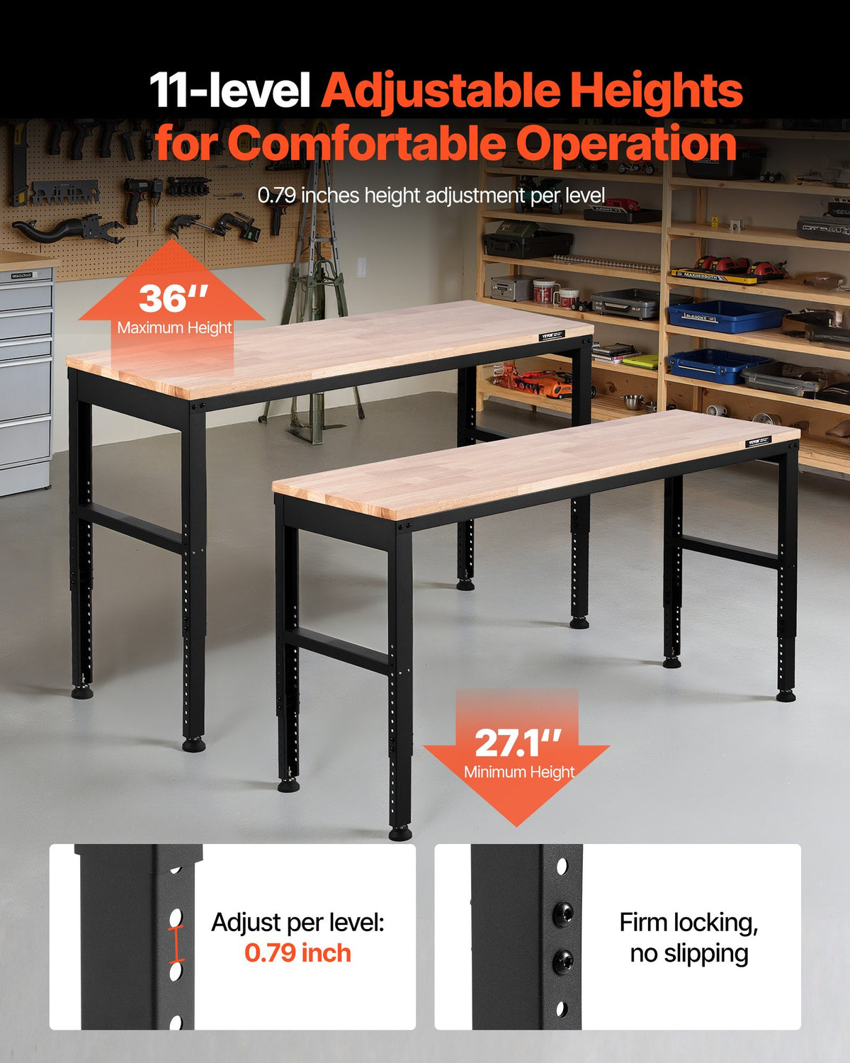 VEVOR Adjustable Workbench, 907 kg Capacity, 155 x 51 cm Heavy Duty Work Bench with 68.8-91.4 cm Height Adjustment, Garage Workbench with Power Outlets, Suitable for Office, Garage, Workshop