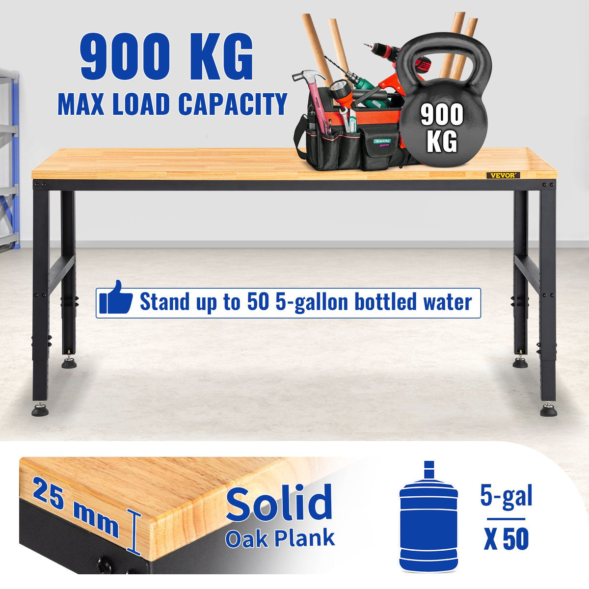 VEVOR Workbench Adjustable Height, 122cm W X 61cm D X 97cm H Garage Table with 72 – 97 cm Heights & 900KG Load Capacity, with Power Outlets & Hardwood Top & Metal Frame & Foot Pads, for Office Home