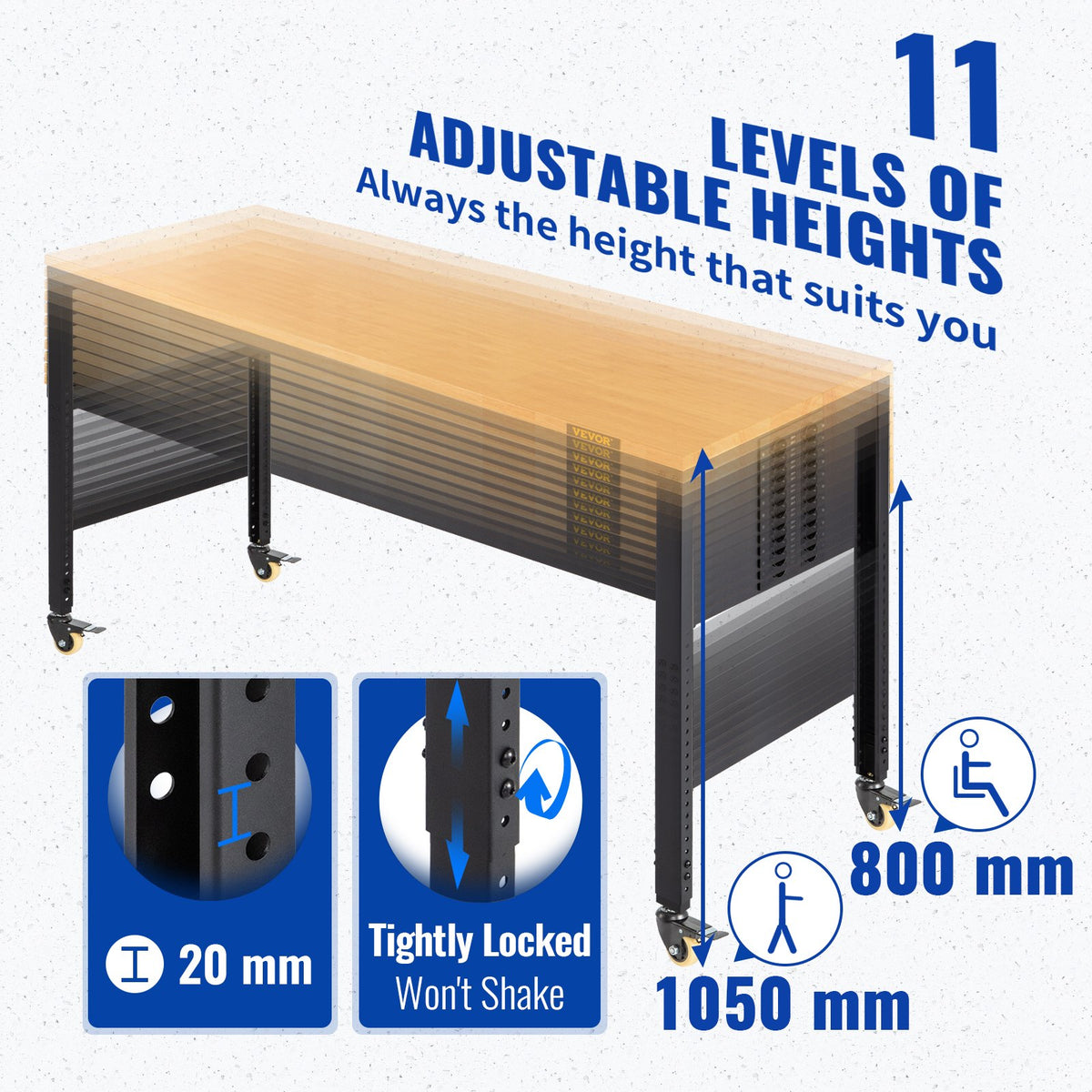 VEVOR Workbench Adjustable Height, 155 x 51 cm Garage Table with 80 – 105 cm Heights & 720KG Capacity, with Power Outlets & Hardwood Top & Metal Frame & Swivel Casters, for Office Home Workshop