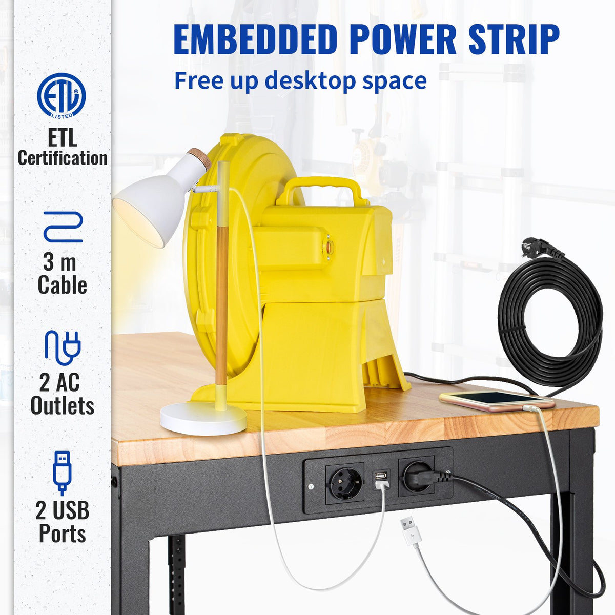 VEVOR Workbench Adjustable Height, 122cm W X 61cm D X 104cm H Garage Table with 79 – 104 cm Heights & 720KG Capacity, with Power Outlets & Hardwood Top & Metal Frame & Swivel Casters, for Office Home