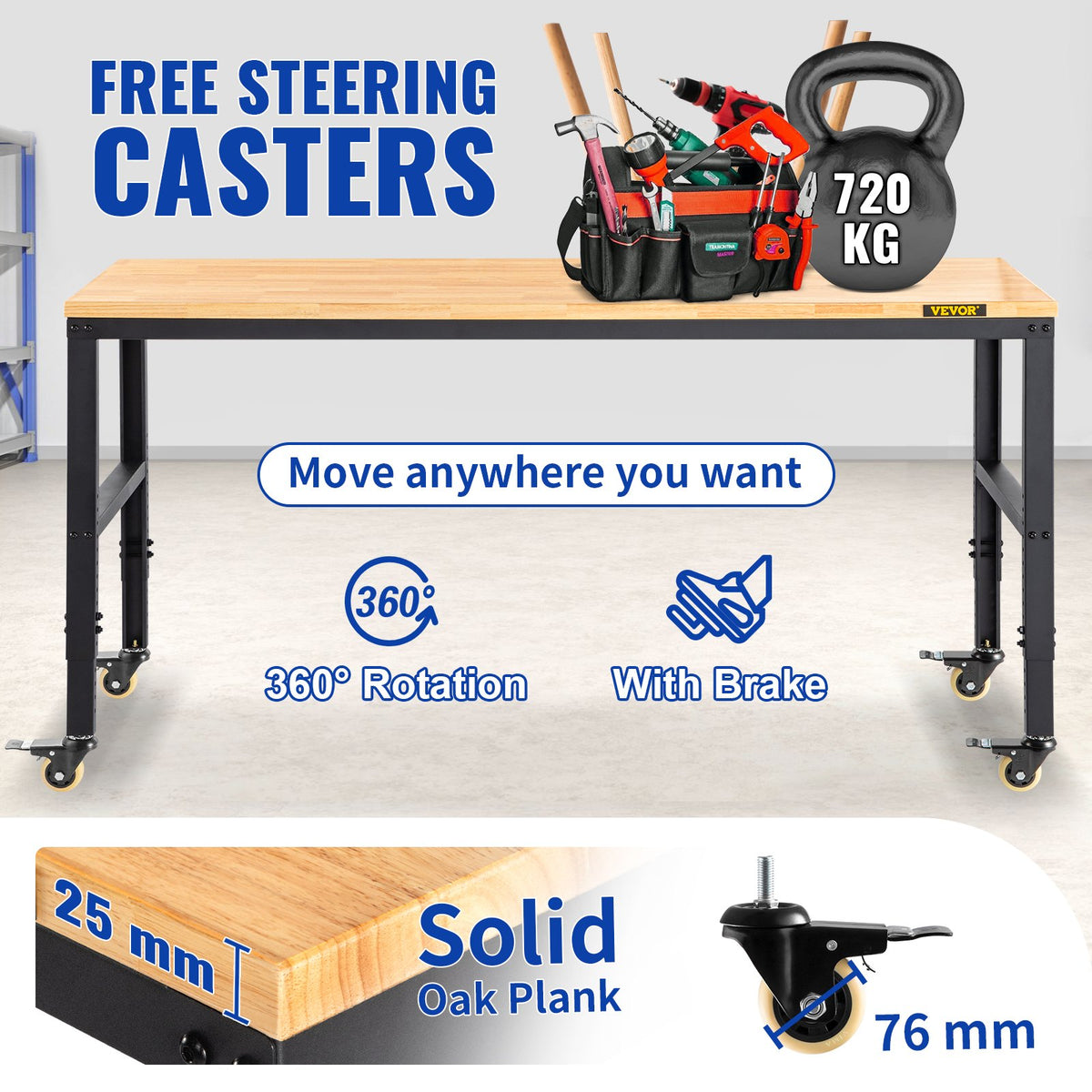 VEVOR Workbench Adjustable Height, 122cm W X 61cm D X 104cm H Garage Table with 79 – 104 cm Heights & 720KG Capacity, with Power Outlets & Hardwood Top & Metal Frame & Swivel Casters, for Office Home