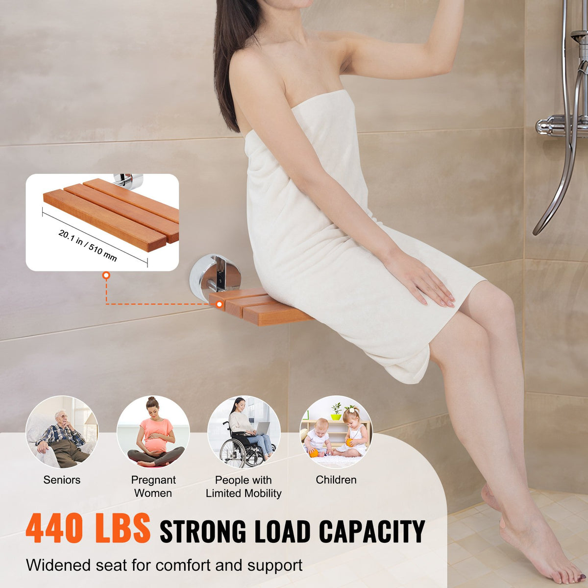 VEVOR Folding Teak Shower Seat, 20.1" x 13.2" Unfolded, Wall Mounted Fold Up Shower Bench with 440 lbs Load Capacity, Space Saving Home Care Fold Down Shower Chair, for Seniors Pregnant Women Children