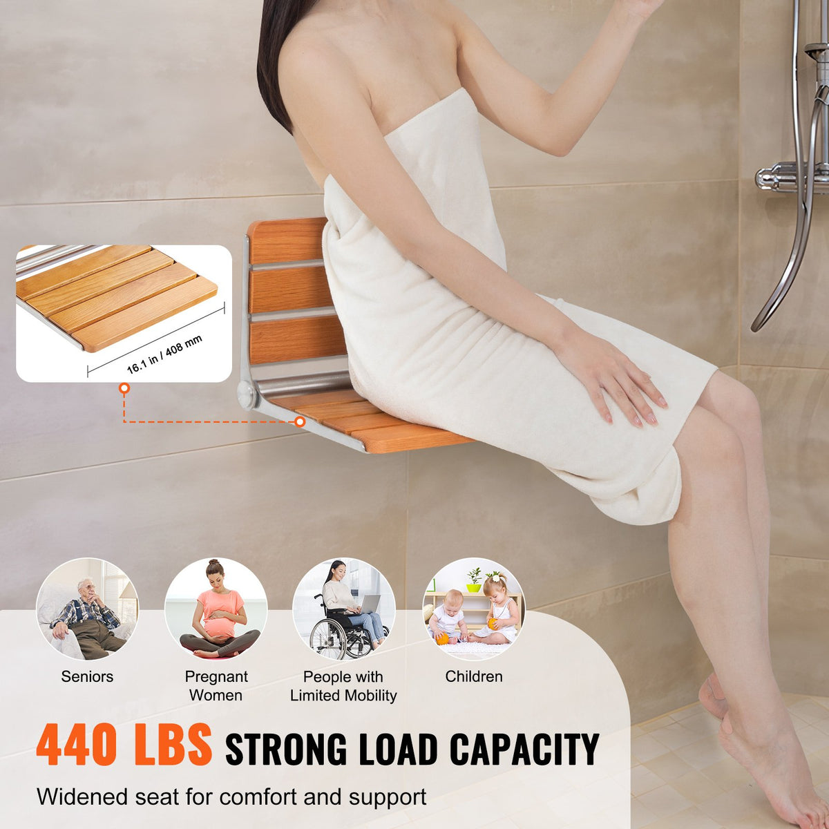 VEVOR Folding Oak Shower Seat 16.1"/40.9 cm x 13.4"/34 cm Wall Mounted Shower Bench 440 lbs/199.6 kg