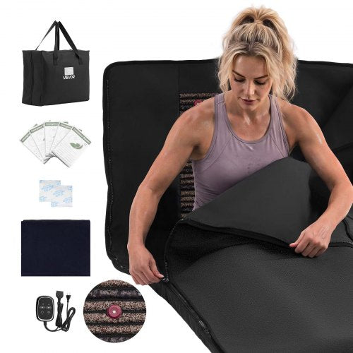 VEVOR Infrared Sauna Blanket with Mineral Stones, 185 x 90 cm Sauna Bag, Zero EMF, Portable for Home Detox and Relaxation, Temperature Control & Timer, PU Leather Heating Wrap with Carry Bag, Black