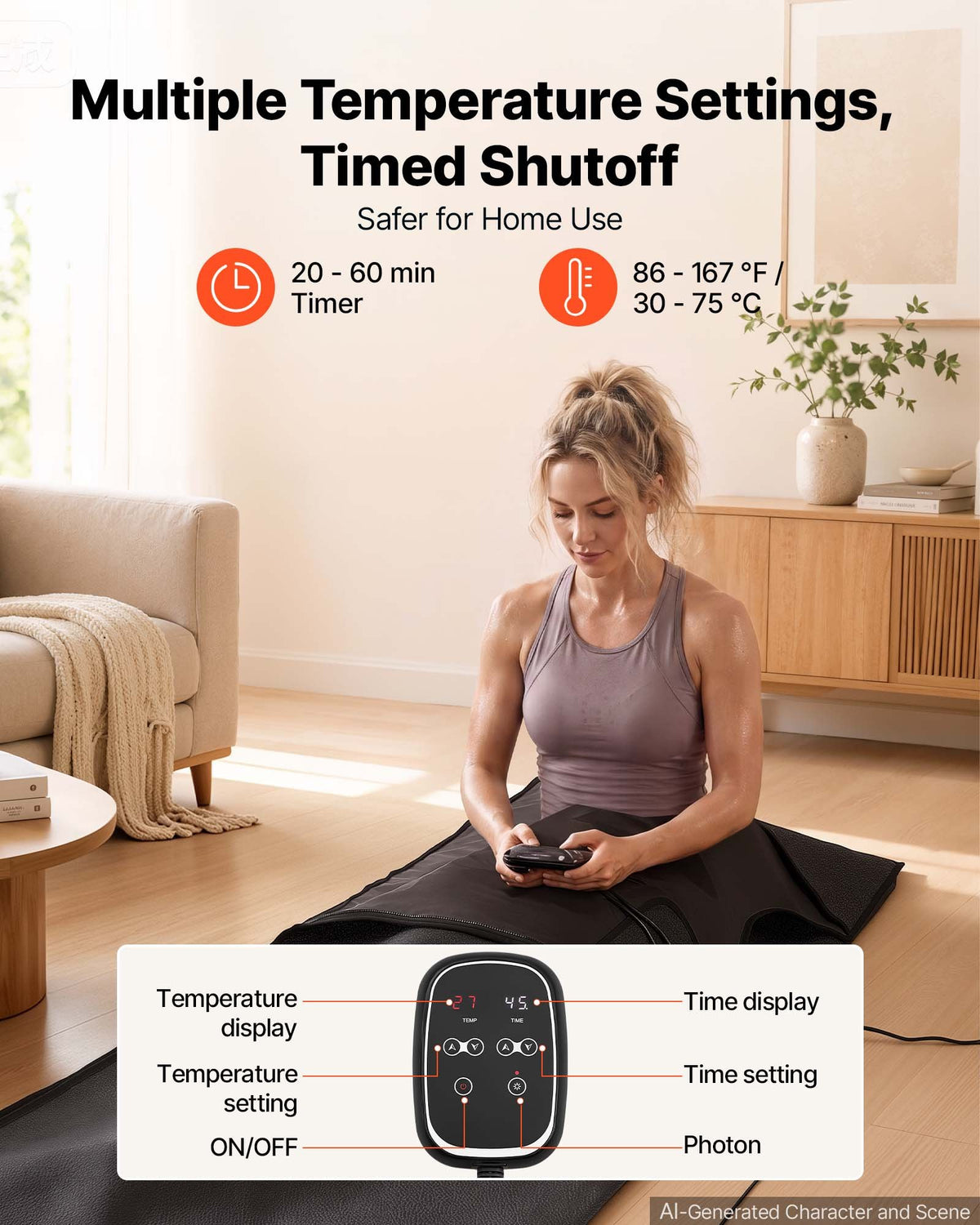 VEVOR Infrared Sauna Blanket with Mineral Stones, 185 x 90 cm Sauna Bag, Zero EMF, Portable for Home Detox and Relaxation, Temperature Control & Timer, PU Leather Heating Wrap with Carry Bag, Black