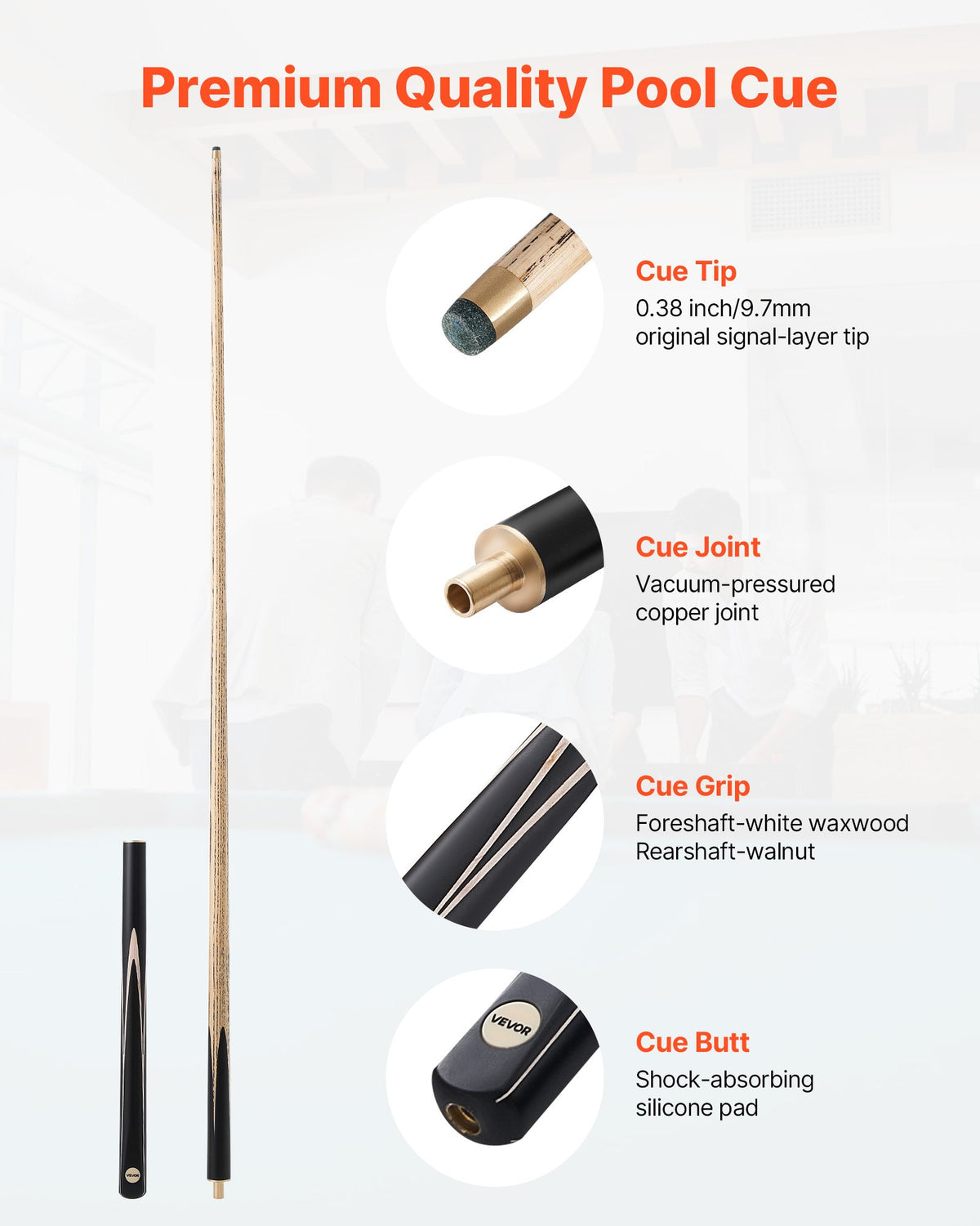 VEVOR Pool Cue, 1447.8mm Jointed Snooker Cue, Snooker Cues Stick with Extension Rod & 9.7mm Leather Tip, 538g Pools Stick for Professional Pool Table, Bar, Home, Office, Includes Wooden Case