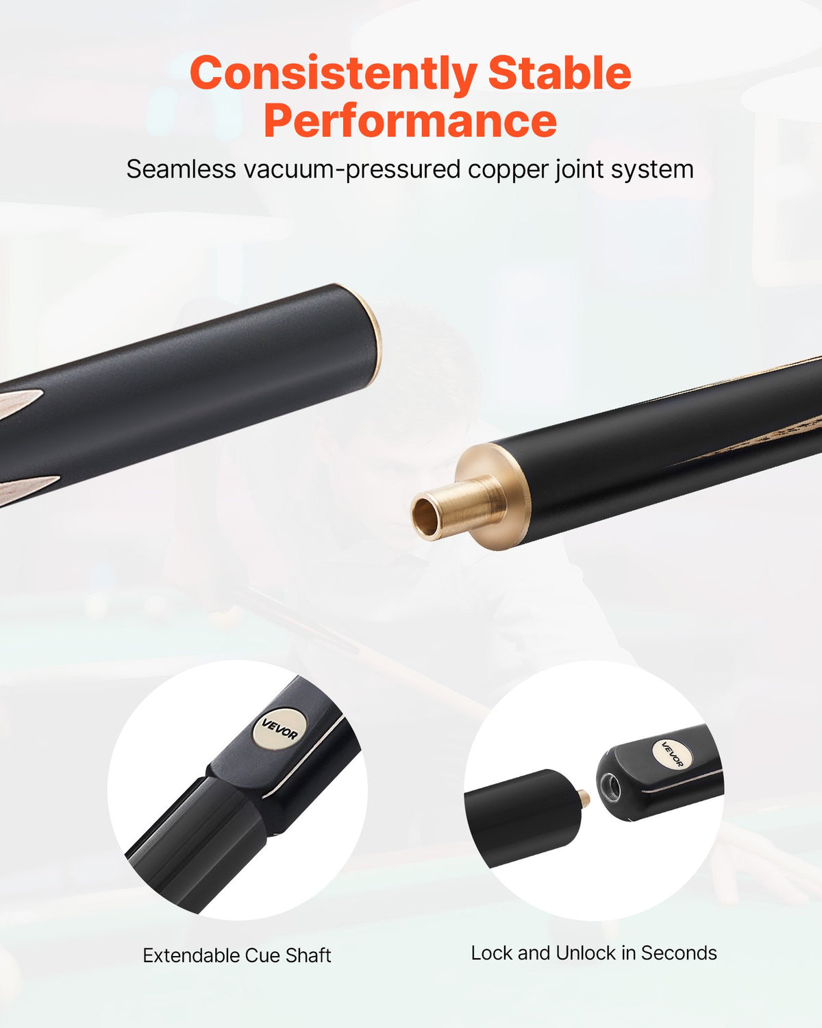 VEVOR Pool Cue, 1447.8mm Jointed Snooker Cue, Snooker Cues Stick with Extension Rod & 9.7mm Leather Tip, 538g Pools Stick for Professional Pool Table, Bar, Home, Office, Includes Wooden Case