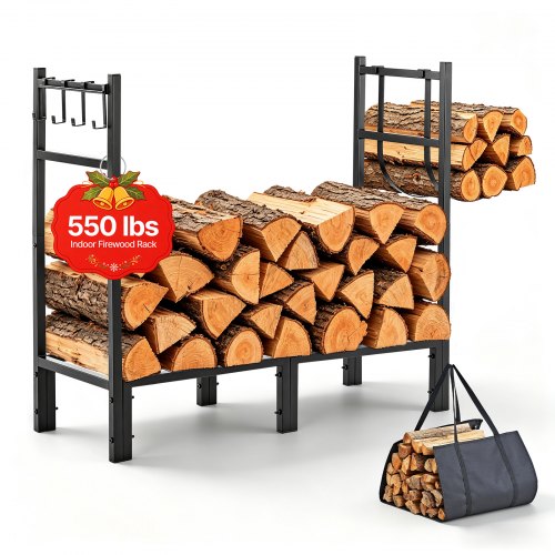 VEVOR Firewood Rack 830 mm Heavy Duty Indoor Fire Wood Storage Log Holder, for Fireplace Patio Deck, 250 kg Load Capacity, Stacker Stand with Log Carrier Bag, Metal Wood Pile Organizer Tool, Black