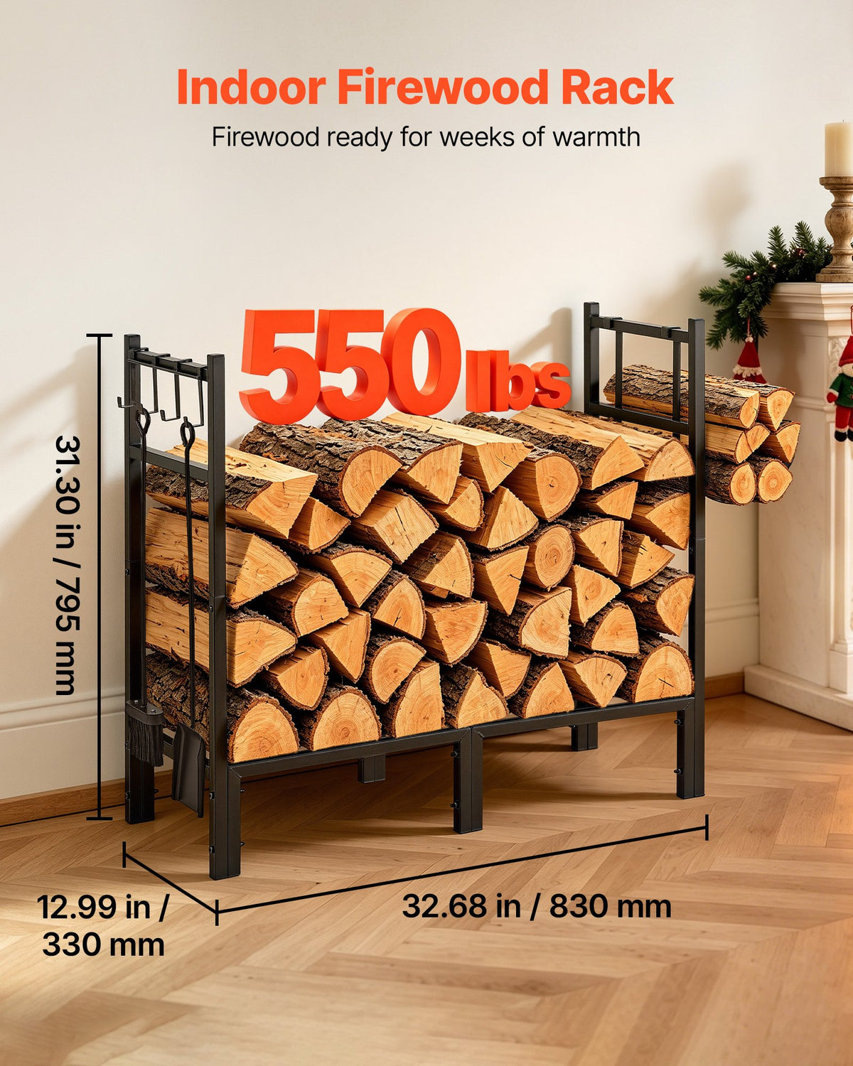 VEVOR Firewood Rack 830 mm Heavy Duty Indoor Fire Wood Storage Log Holder, for Fireplace Patio Deck, 250 kg Load Capacity, Stacker Stand with Log Carrier Bag, Metal Wood Pile Organizer Tool, Black