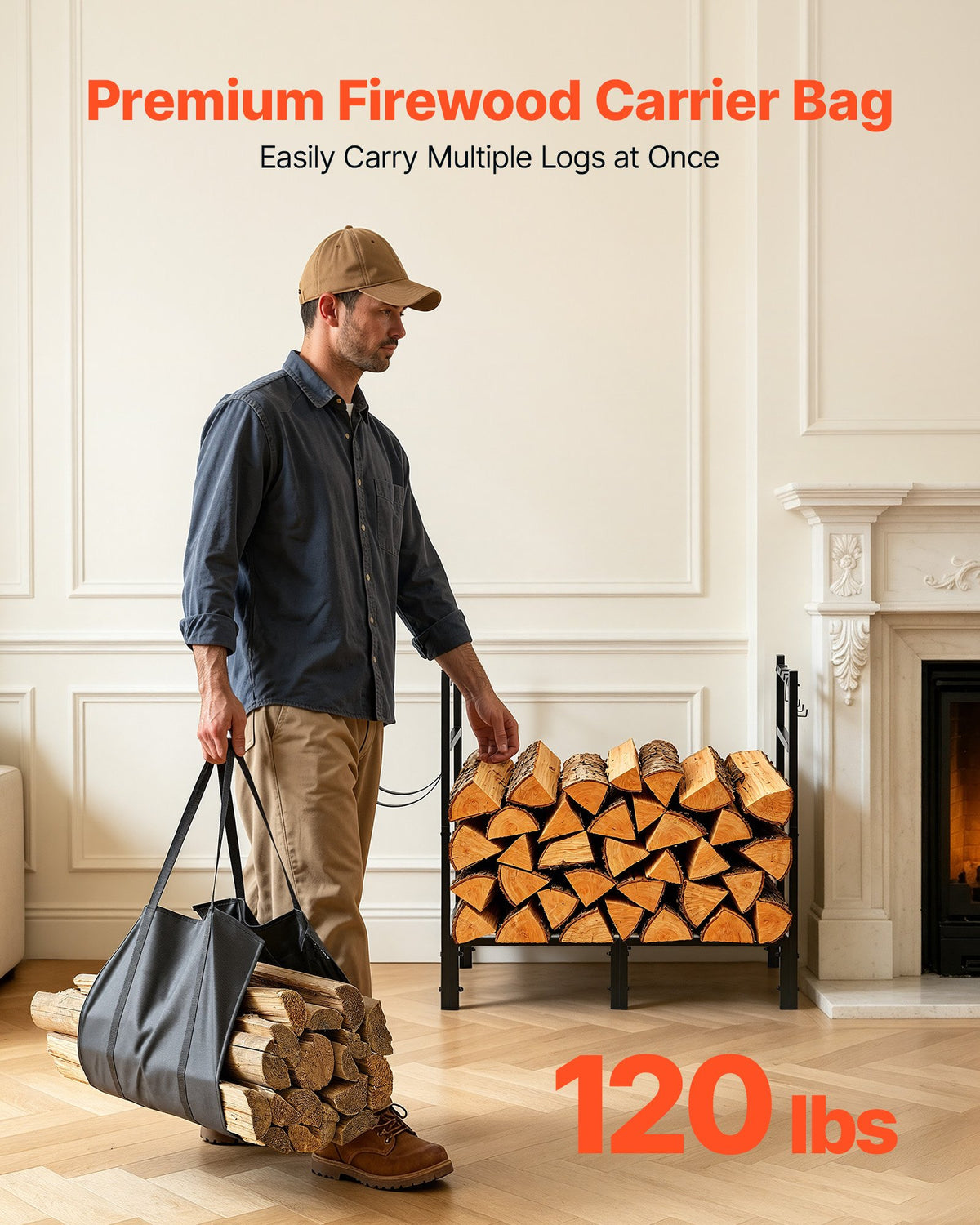 VEVOR Firewood Rack 830 mm Heavy Duty Indoor Fire Wood Storage Log Holder, for Fireplace Patio Deck, 250 kg Load Capacity, Stacker Stand with Log Carrier Bag, Metal Wood Pile Organizer Tool, Black