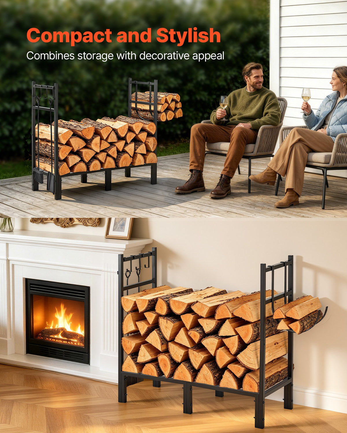 VEVOR Firewood Rack 830 mm Heavy Duty Indoor Fire Wood Storage Log Holder, for Fireplace Patio Deck, 250 kg Load Capacity, Stacker Stand with Log Carrier Bag, Metal Wood Pile Organizer Tool, Black