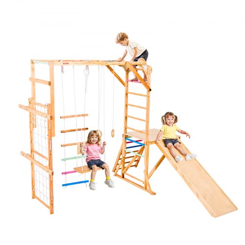 VEVOR Indoor Playground Jungle Gym, 8-in-1 Wooden Indoor Playground Playset, 100KG Loading Montessori Climbing Toys with Swing, Slide, Monkey Bar, Gym Rings, Wooden / Rope Ladder, Climbing Net & Bar