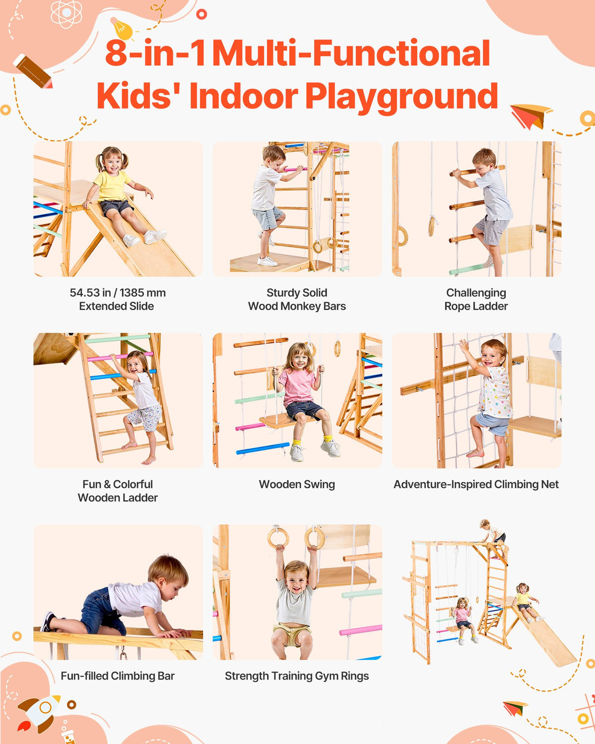 VEVOR Indoor Playground Jungle Gym, 8-in-1 Wooden Indoor Playground Playset, 100KG Loading Montessori Climbing Toys with Swing, Slide, Monkey Bar, Gym Rings, Wooden / Rope Ladder, Climbing Net & Bar