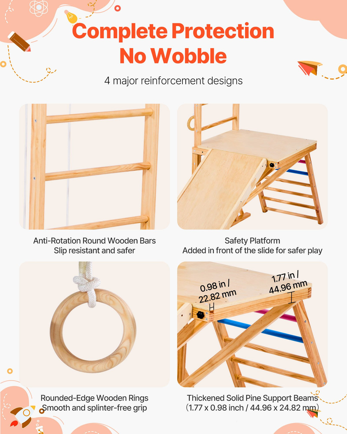 VEVOR Indoor Playground Jungle Gym, 8-in-1 Wooden Indoor Playground Playset, 100KG Loading Montessori Climbing Toys with Swing, Slide, Monkey Bar, Gym Rings, Wooden / Rope Ladder, Climbing Net & Bar
