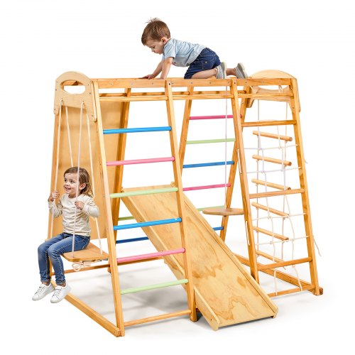 VEVOR Indoor Playground Jungle Gym, 9-in-1 Montessori Climbing Toys for Toddlers, 113KG Wooden Indoor Playground Playset with Monkey Bar, Swings, Slide, Rope / Wooden Ladder, Climbing Net, Bar & Rock