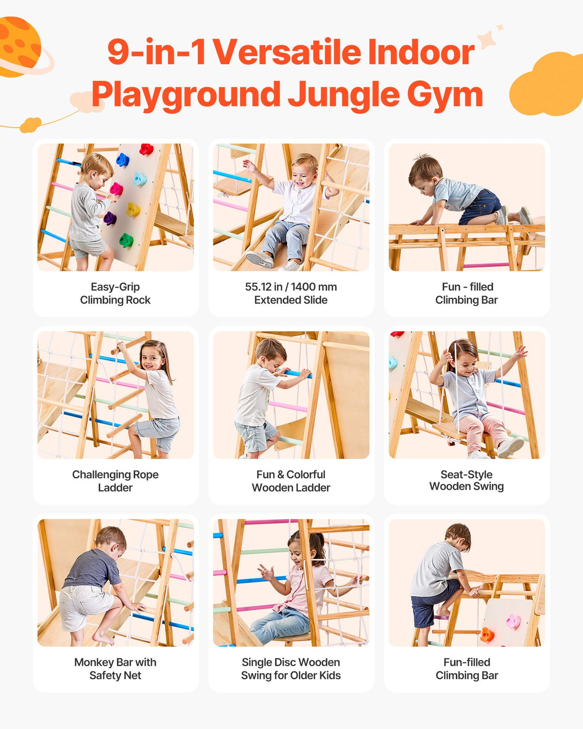 VEVOR Indoor Playground Jungle Gym, 9-in-1 Montessori Climbing Toys for Toddlers, 113KG Wooden Indoor Playground Playset with Monkey Bar, Swings, Slide, Rope / Wooden Ladder, Climbing Net, Bar & Rock