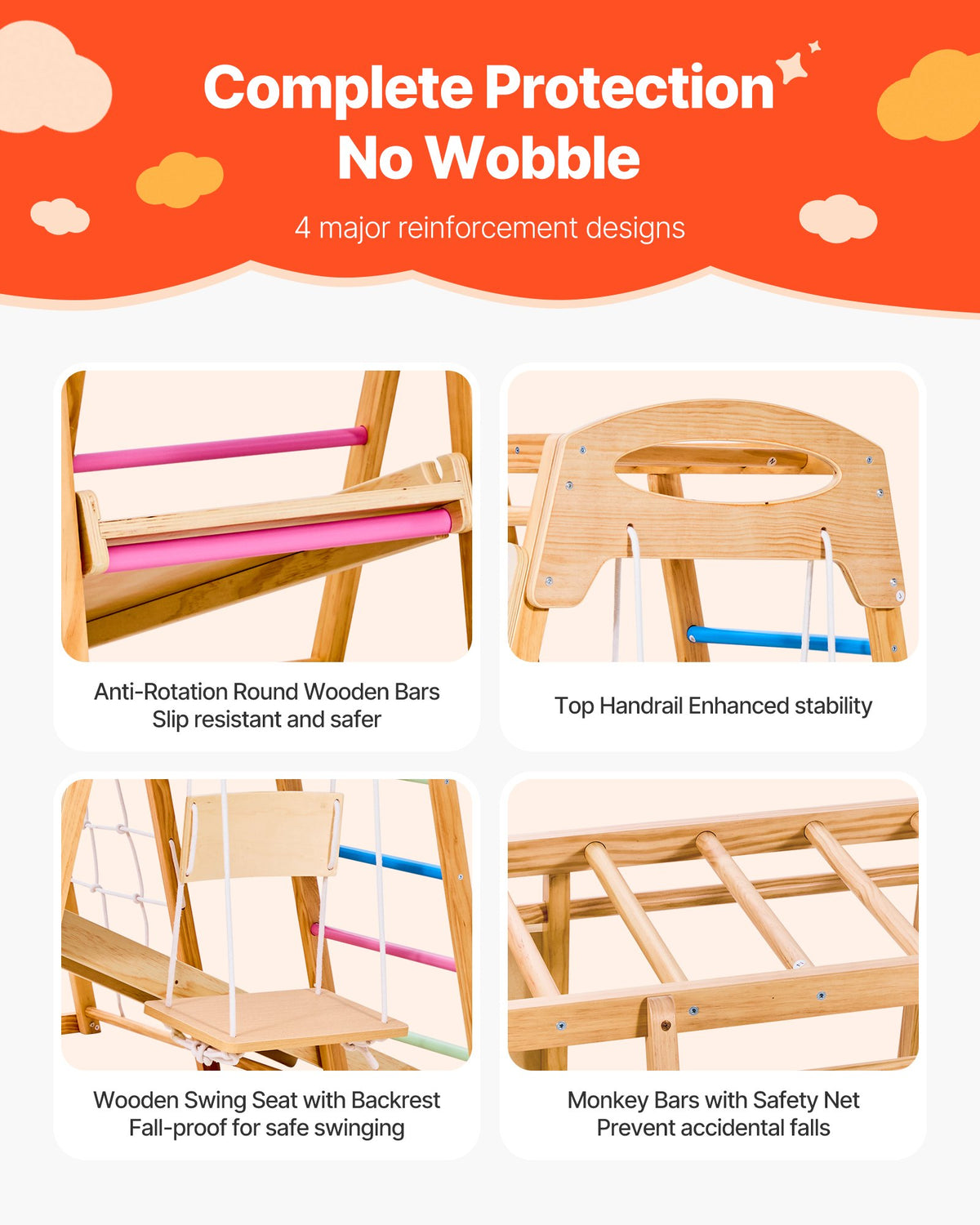 VEVOR Indoor Playground Jungle Gym, 9-in-1 Montessori Climbing Toys for Toddlers, 113KG Wooden Indoor Playground Playset with Monkey Bar, Swings, Slide, Rope / Wooden Ladder, Climbing Net, Bar & Rock