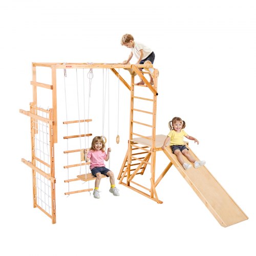 VEVOR Indoor Playground Jungle Gym, 8-in-1 Wooden Indoor Playground for Kids, 100KG Montessori Climbing Toys Playset with Slide, Swing, Monkey Bar, Gym Rings, Wooden / Rope Ladder, Climbing Net & Bar