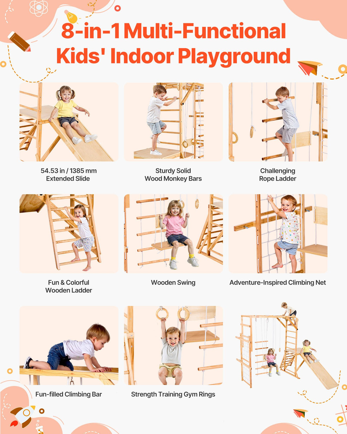 VEVOR Indoor Playground Jungle Gym, 8-in-1 Wooden Indoor Playground for Kids, 100KG Montessori Climbing Toys Playset with Slide, Swing, Monkey Bar, Gym Rings, Wooden / Rope Ladder, Climbing Net & Bar