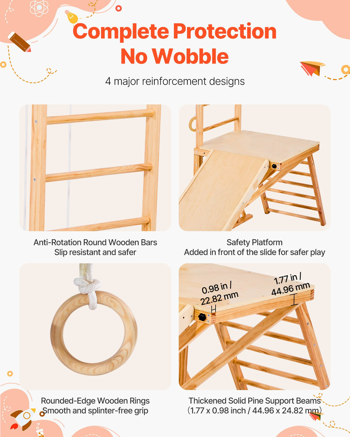 VEVOR Indoor Playground Jungle Gym, 8-in-1 Wooden Indoor Playground for Kids, 100KG Montessori Climbing Toys Playset with Slide, Swing, Monkey Bar, Gym Rings, Wooden / Rope Ladder, Climbing Net & Bar