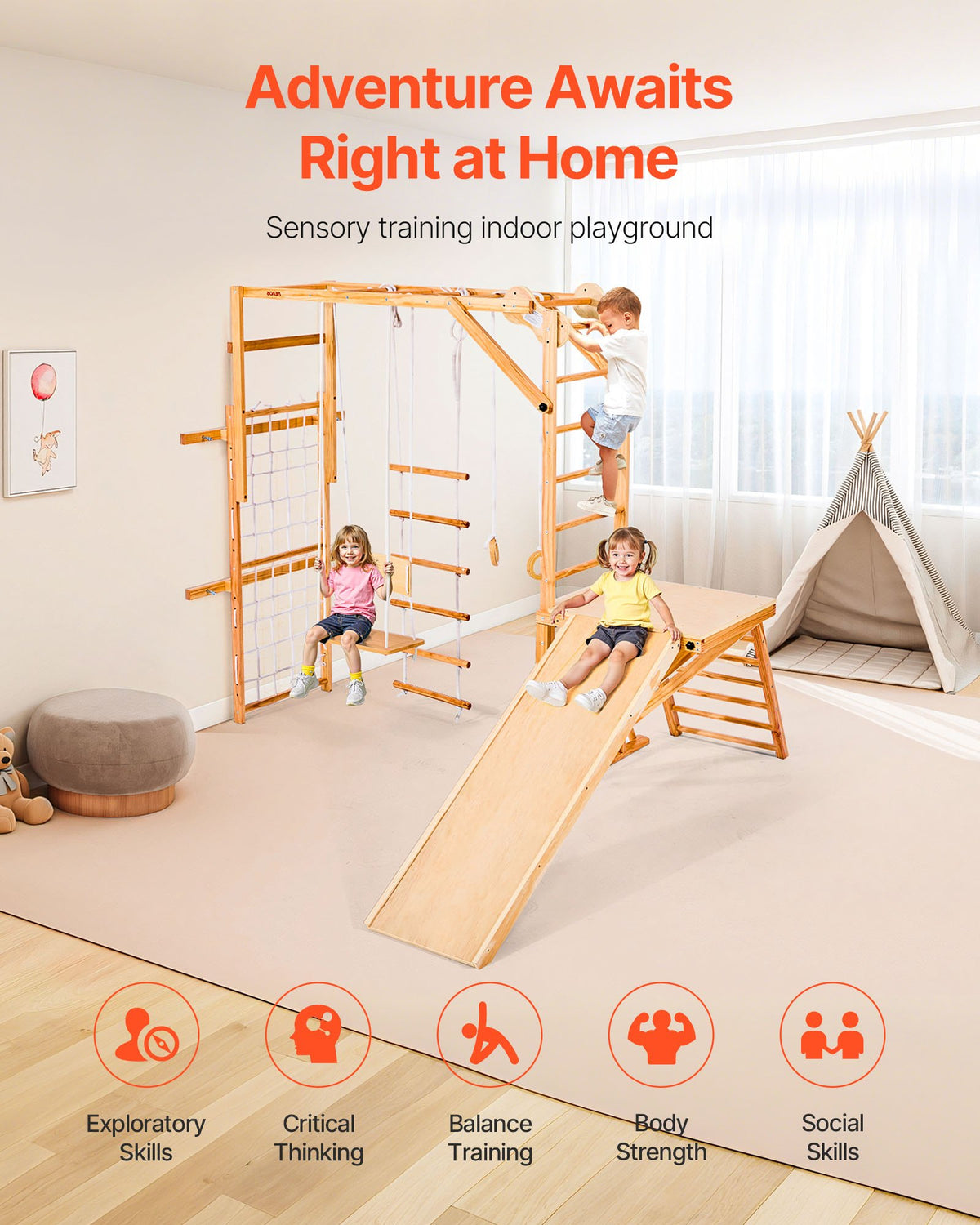 VEVOR Indoor Playground Jungle Gym, 8-in-1 Wooden Indoor Playground for Kids, 100KG Montessori Climbing Toys Playset with Slide, Swing, Monkey Bar, Gym Rings, Wooden / Rope Ladder, Climbing Net & Bar