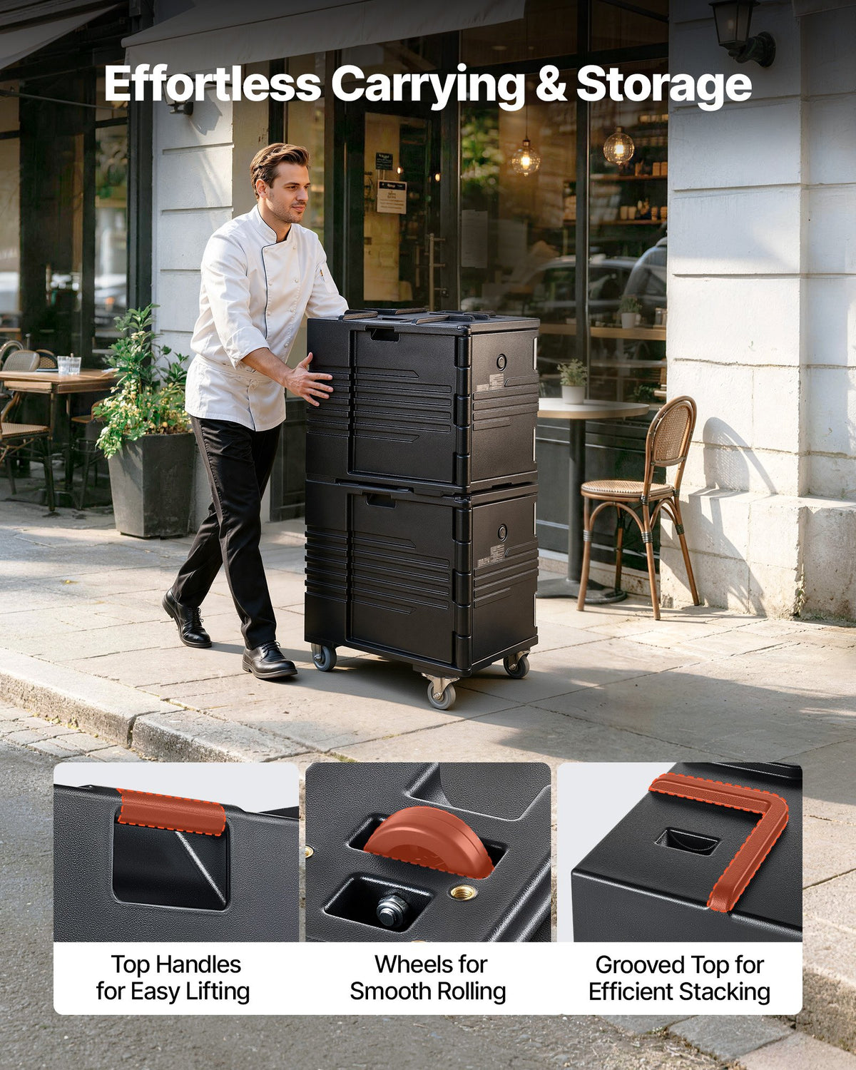 VEVOR Insulated Food Pan Carrier, 75 L Non-Electrical Food Warmer, with Wheel & 304 Stainless Steel Latch, LLDPE Stackable Hot Box, for Various Pan Sizes(NOT Included), Fit Catering BBQ Event(Black)