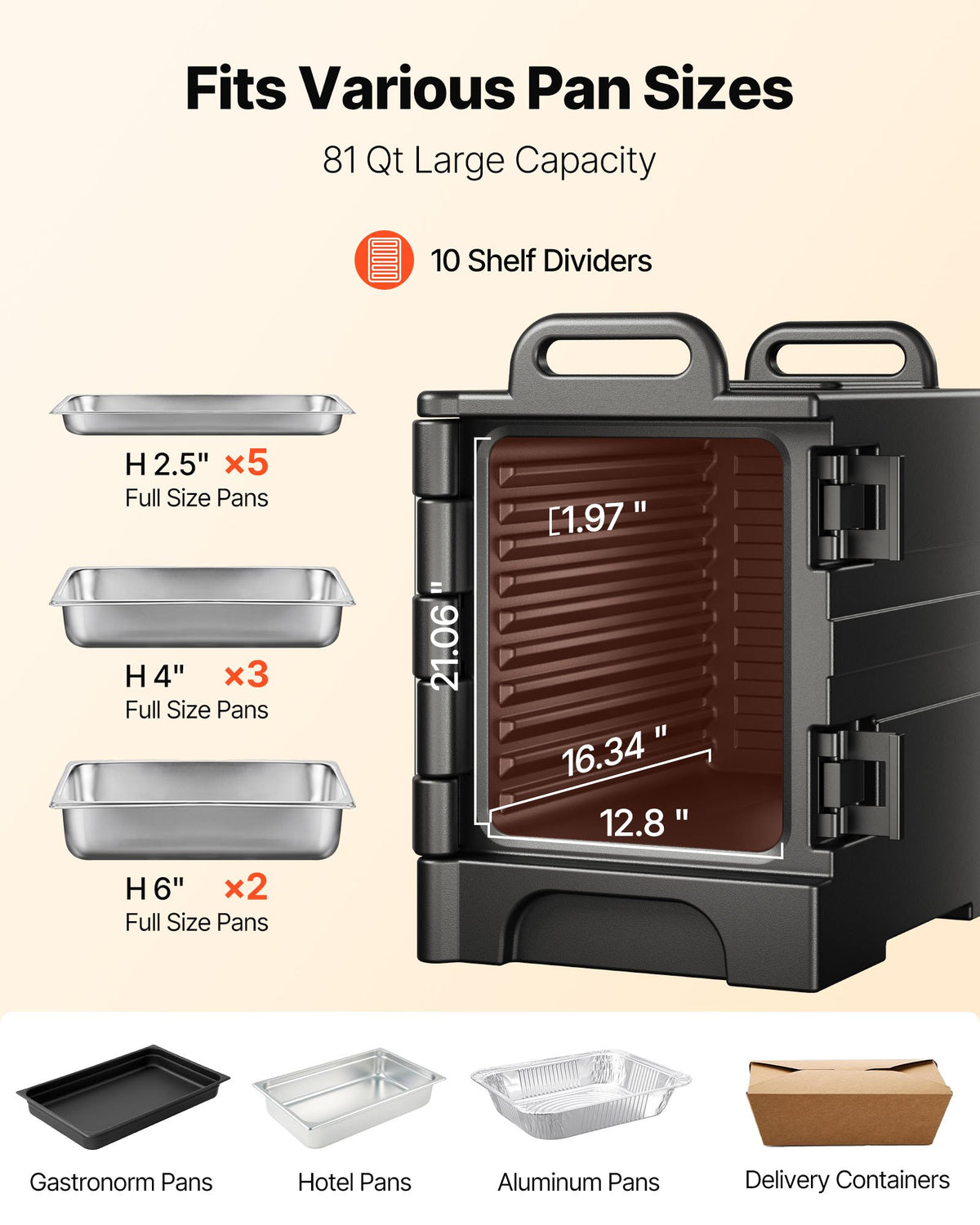 VEVOR Insulated Food Pan Carrier, 81 Qt Hot Box for Catering, Food Box Carrier with Double Buckles, Front Loading Food Warmer with Handles, Stackable End Loader for Restaurant, Canteen