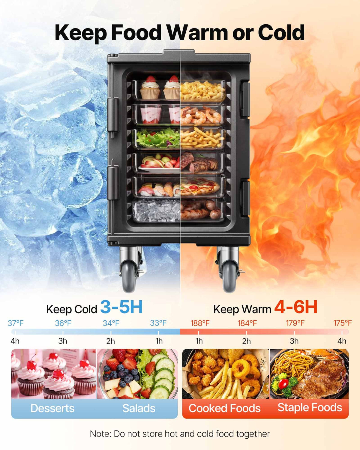 VEVOR Insulated Food Pan Carrier, 95 Qt Hot Box for Catering, Food Box Carrier with Buckle, Front Loading Food Warmer with Handles, End Loader with Wheels for Restaurant, Canteen