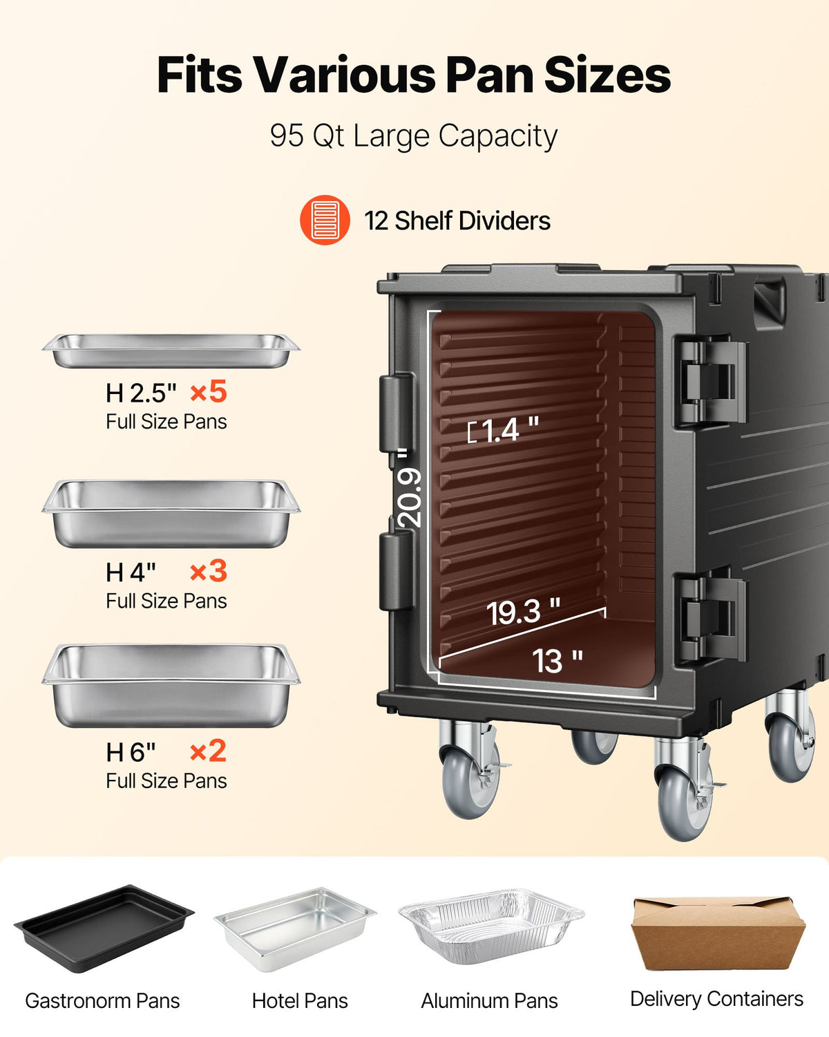 VEVOR Insulated Food Pan Carrier, 95 Qt Hot Box for Catering, Food Box Carrier with Buckle, Front Loading Food Warmer with Handles, End Loader with Wheels for Restaurant, Canteen