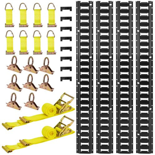 VEVOR E-Track Tie-Down Rail Kit, 4 Pack 2.3 m E Track Rails, 26 Pcs Includes 2 Ratchet Straps & 8 O-Rings & 8 Tie-Offs with D-Ring & 8 End Caps, Fit for Garages Vans Trailers Motorcycles